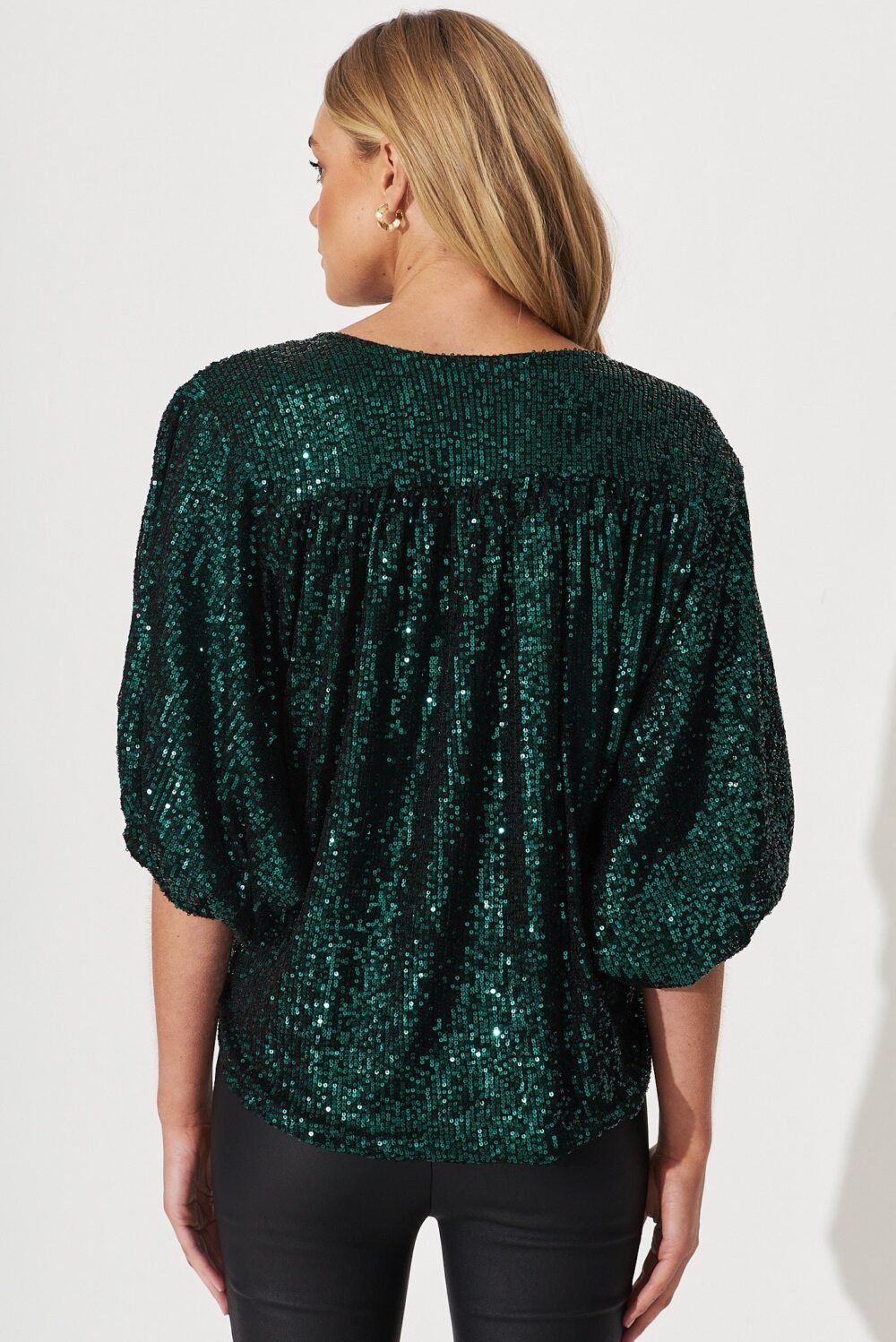 Sequin Mock Wrap Top In Green - Image 4