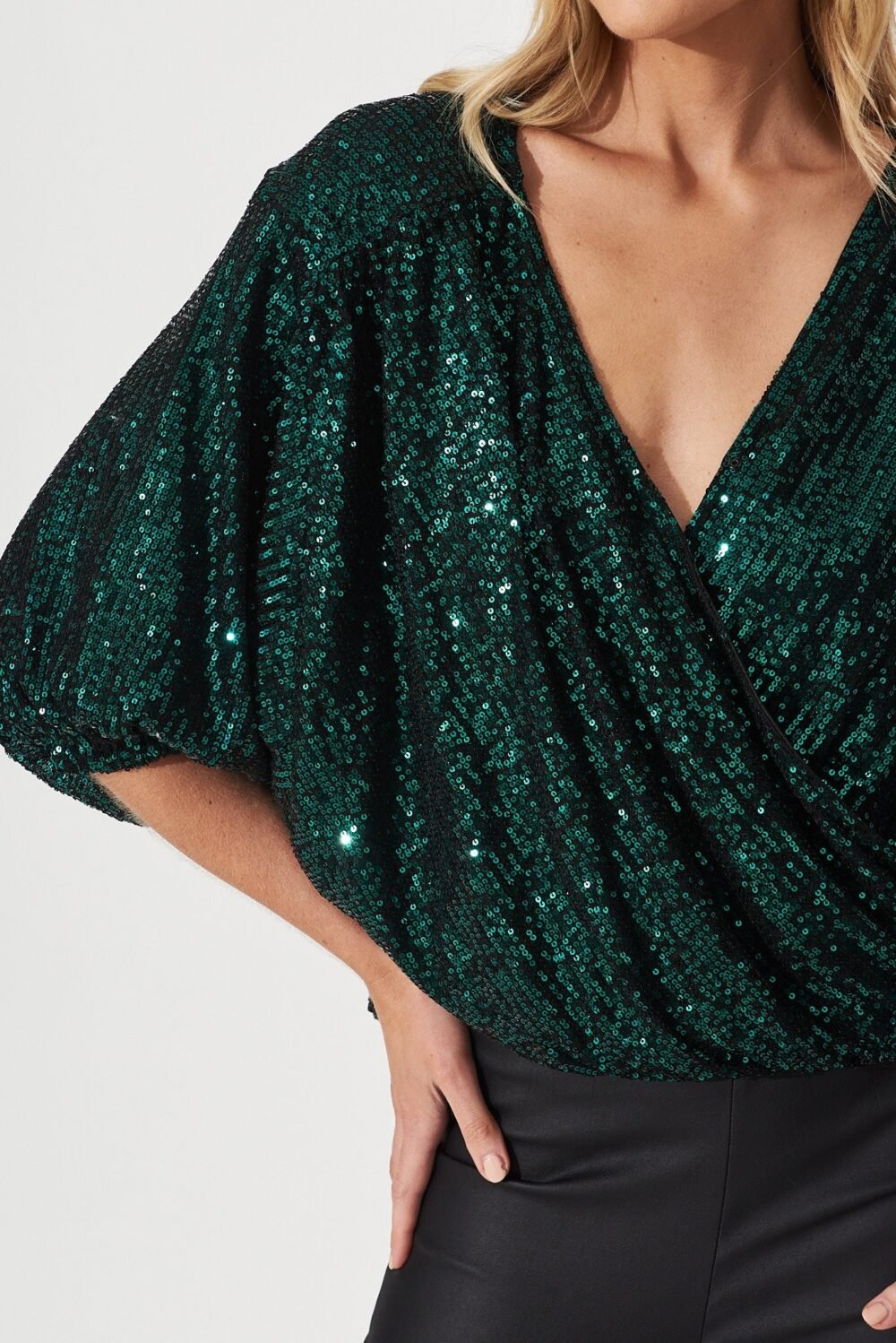 Sequin Mock Wrap Top In Green - Image 5