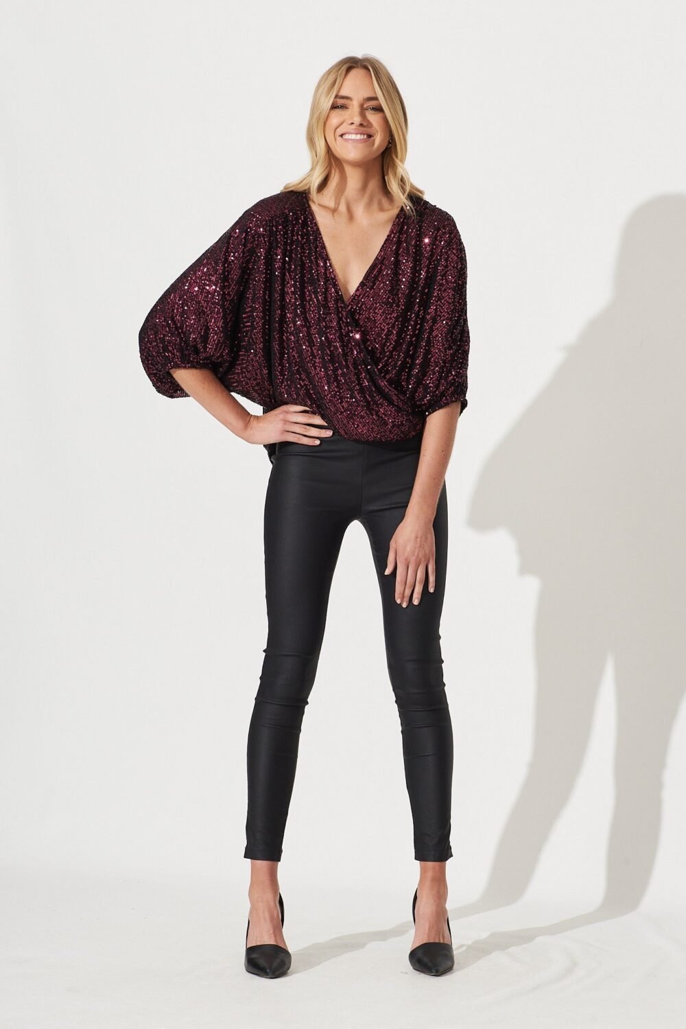 Sequin Mock Wrap Top In Wine