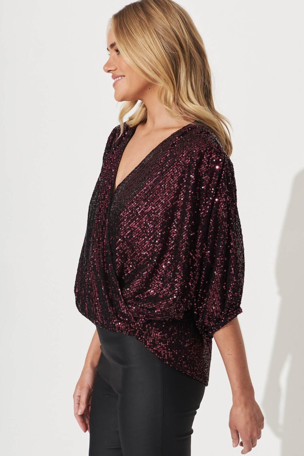 Sequin Mock Wrap Top In Wine - Image 5