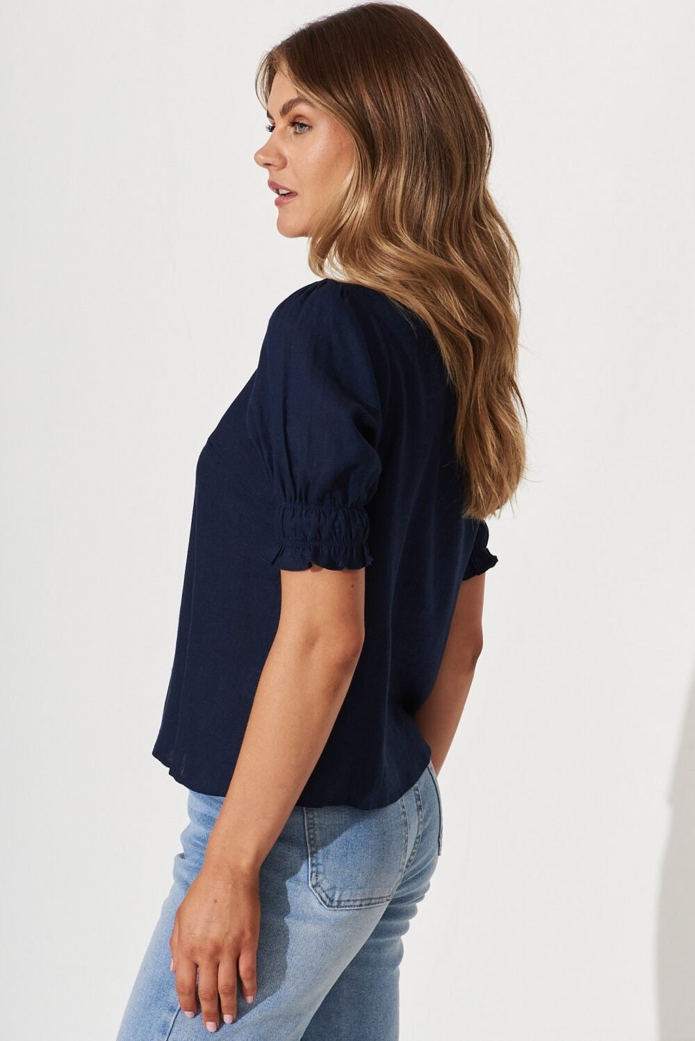 Melanie Top In Navy Cotton Linen Blend - Image 5