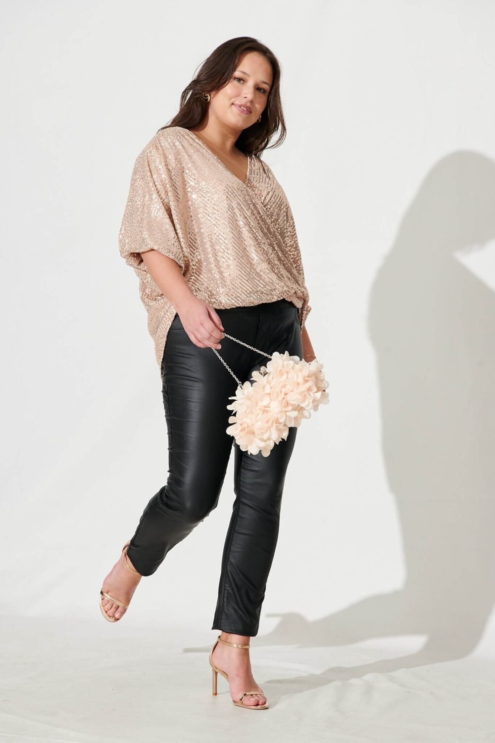 Sequin Mock Wrap Top In Rose Gold - Image 7