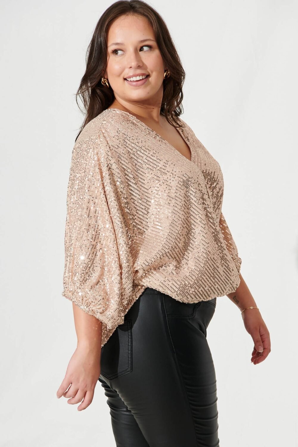 Sequin Mock Wrap Top In Rose Gold - Image 8