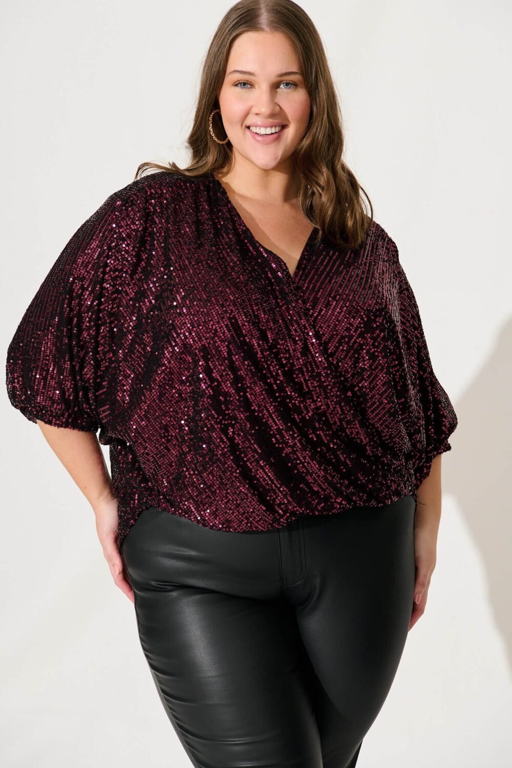 Sequin Mock Wrap Top In Wine - Image 2