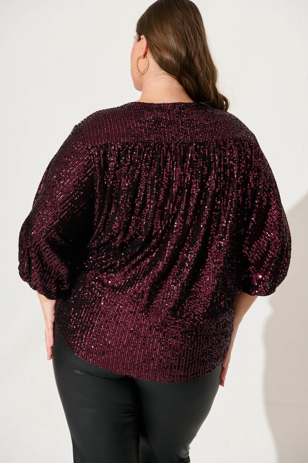 Sequin Mock Wrap Top In Wine - Image 8