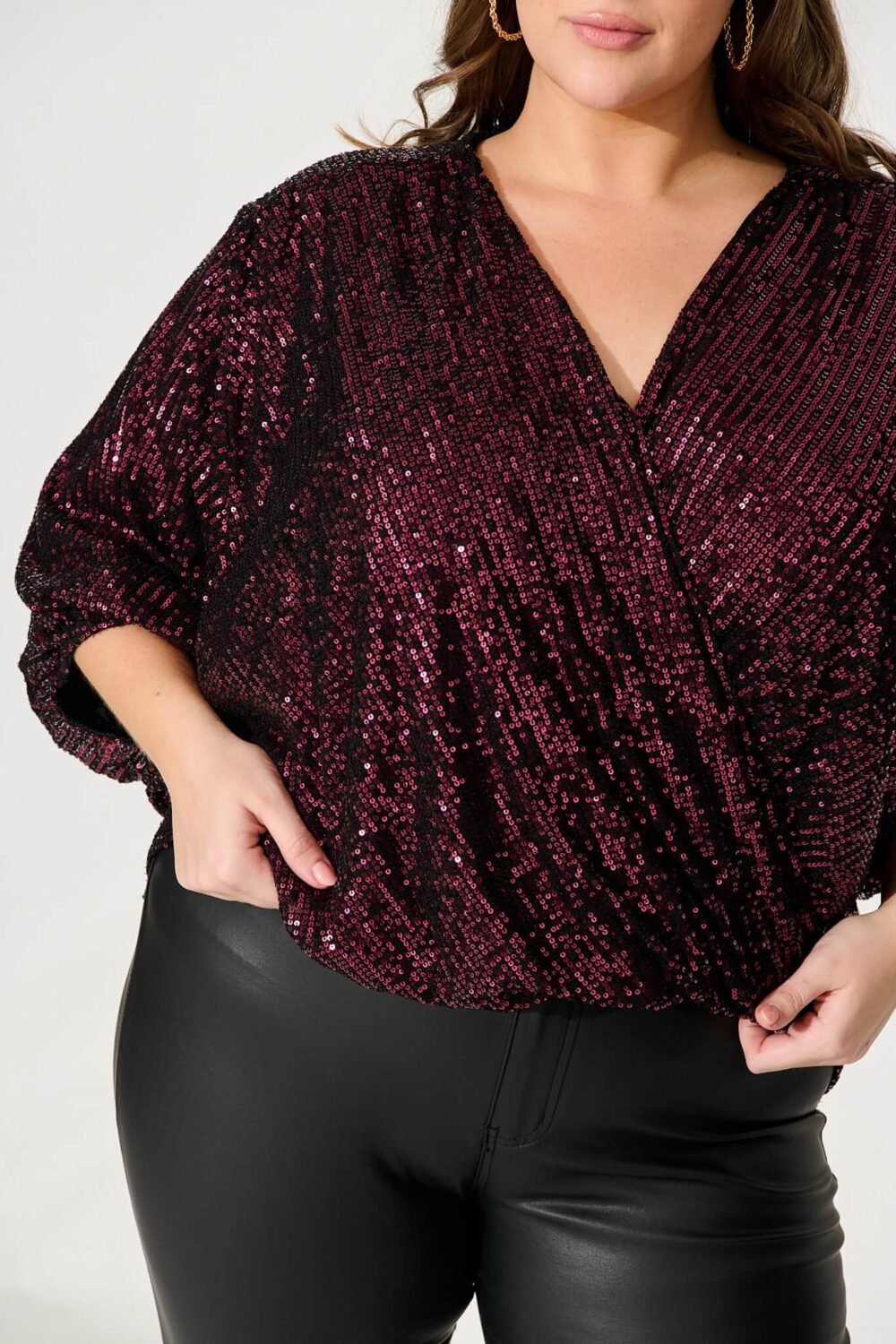 Sequin Mock Wrap Top In Wine - Image 9