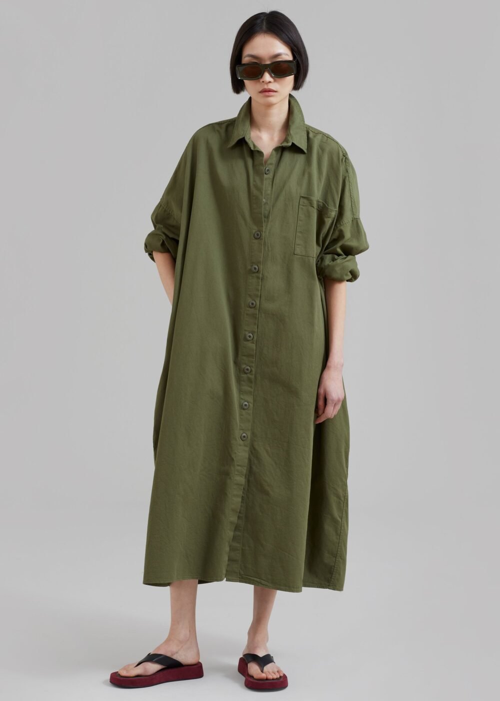 Oversized Shirt Dress - Dark Olive - Image 5