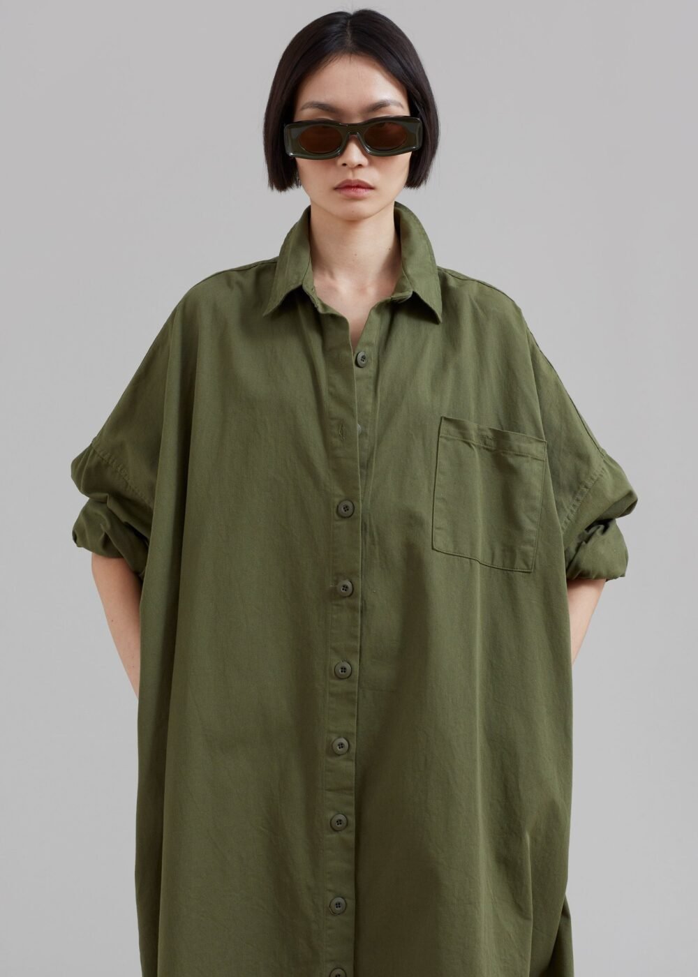 Oversized Shirt Dress - Dark Olive - Image 6