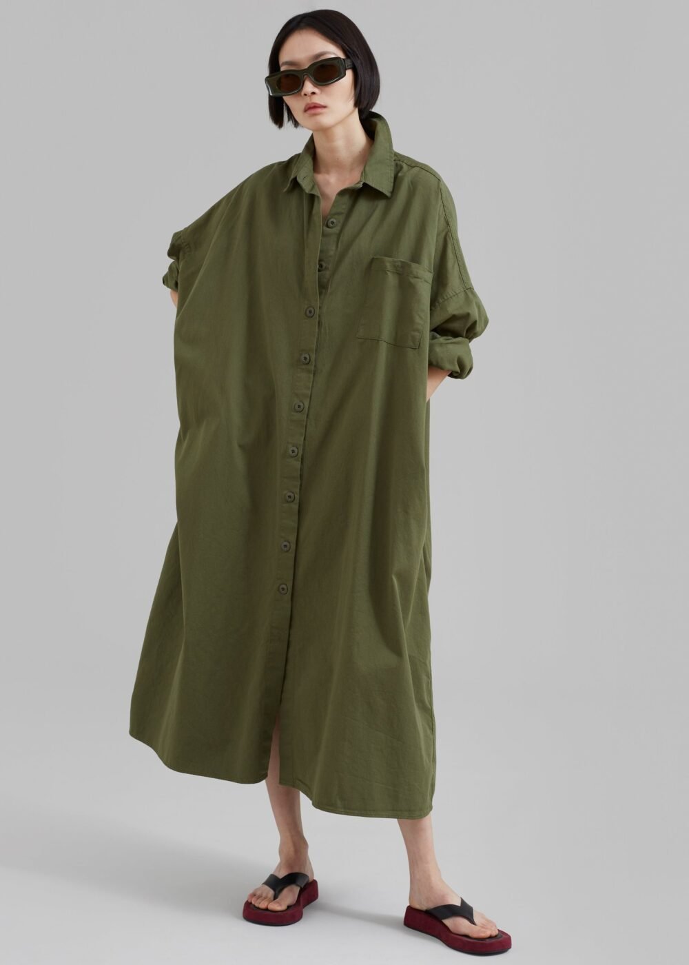 Oversized Shirt Dress - Dark Olive - Image 2