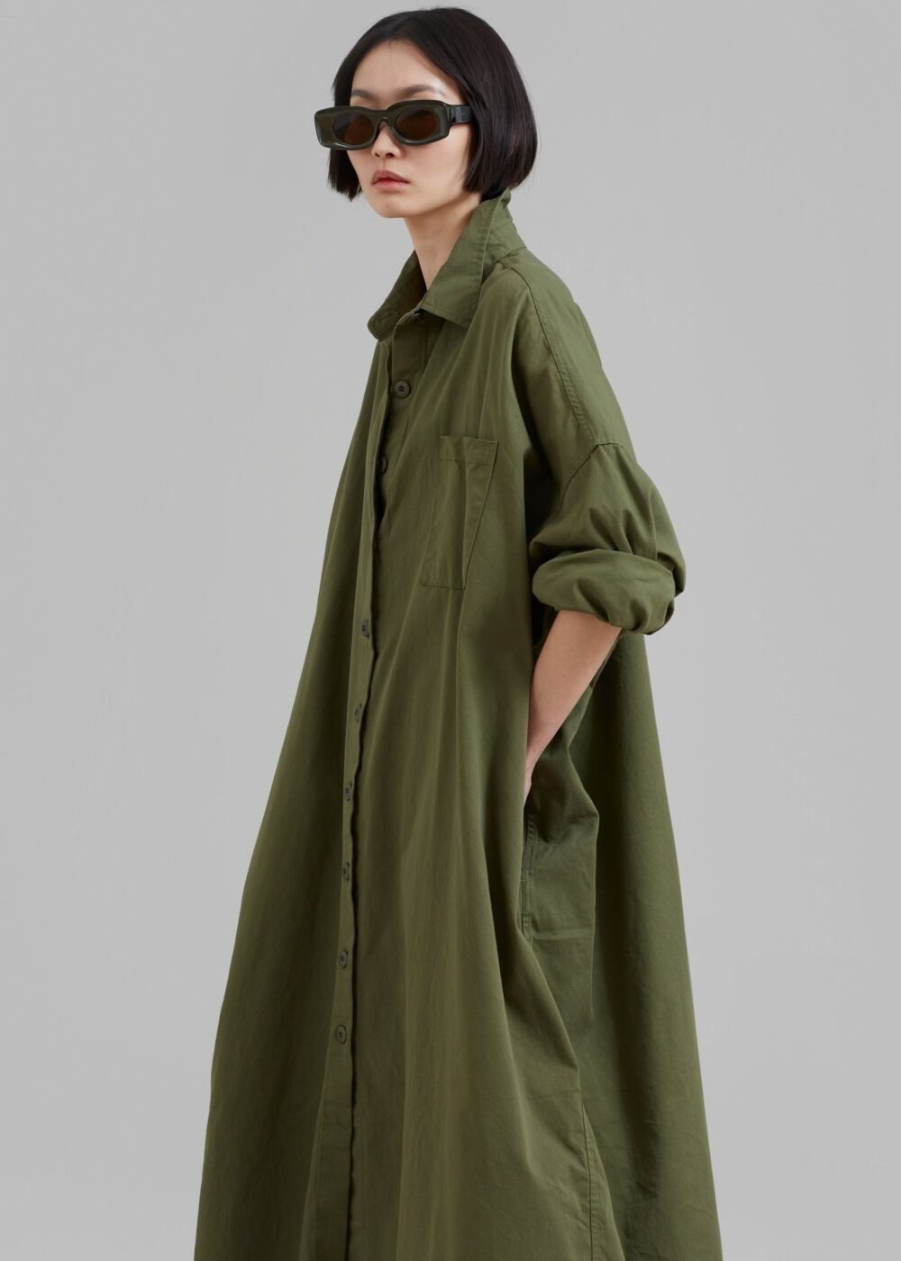 Oversized Shirt Dress - Dark Olive - Image 3