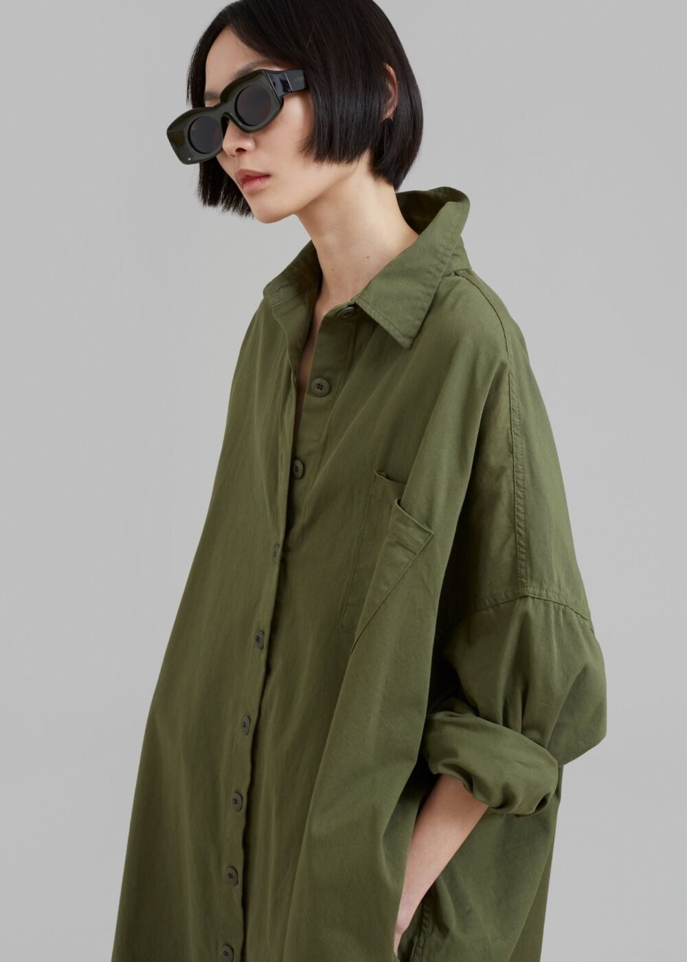 Oversized Shirt Dress - Dark Olive - Image 4