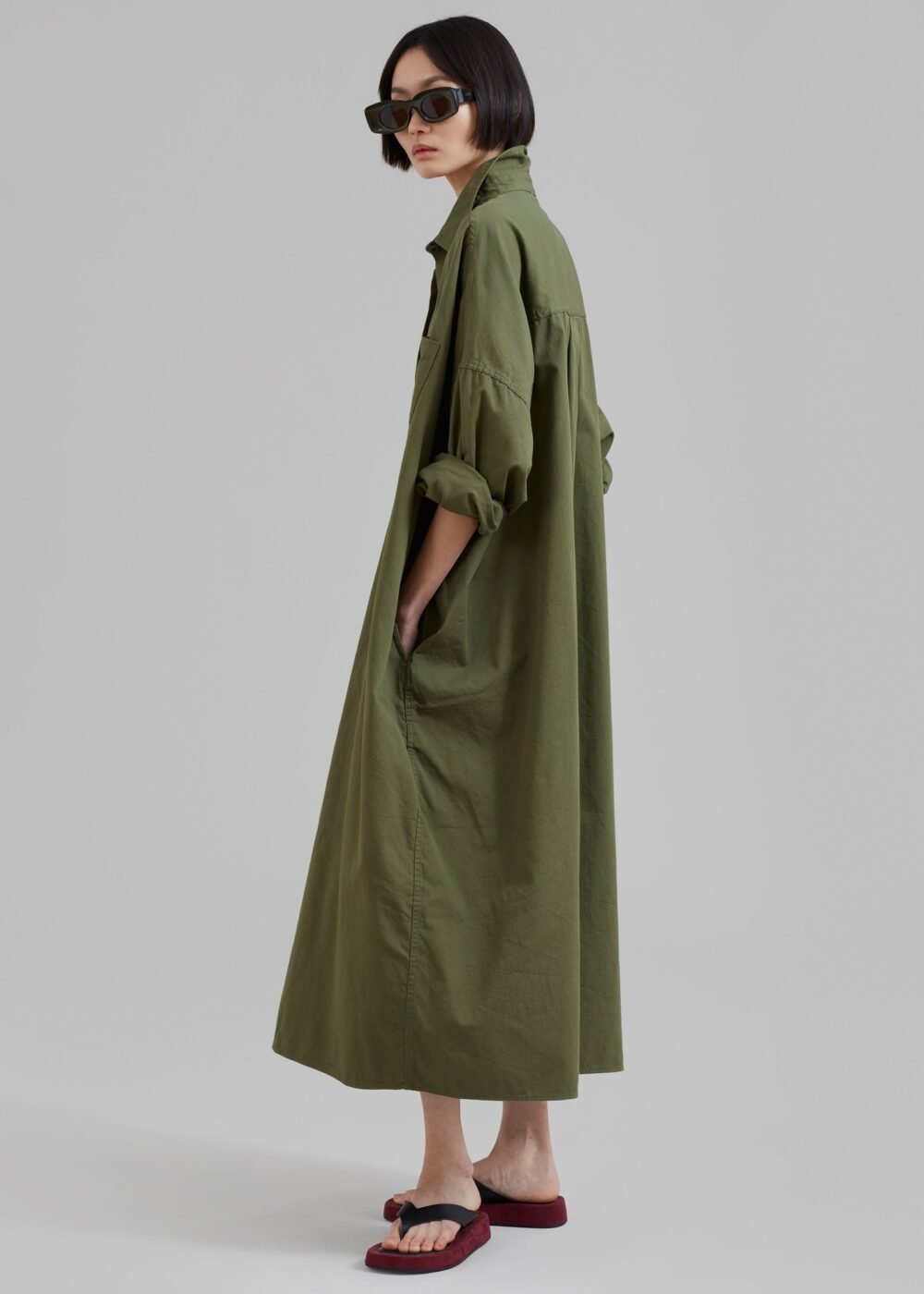 Oversized Shirt Dress - Dark Olive