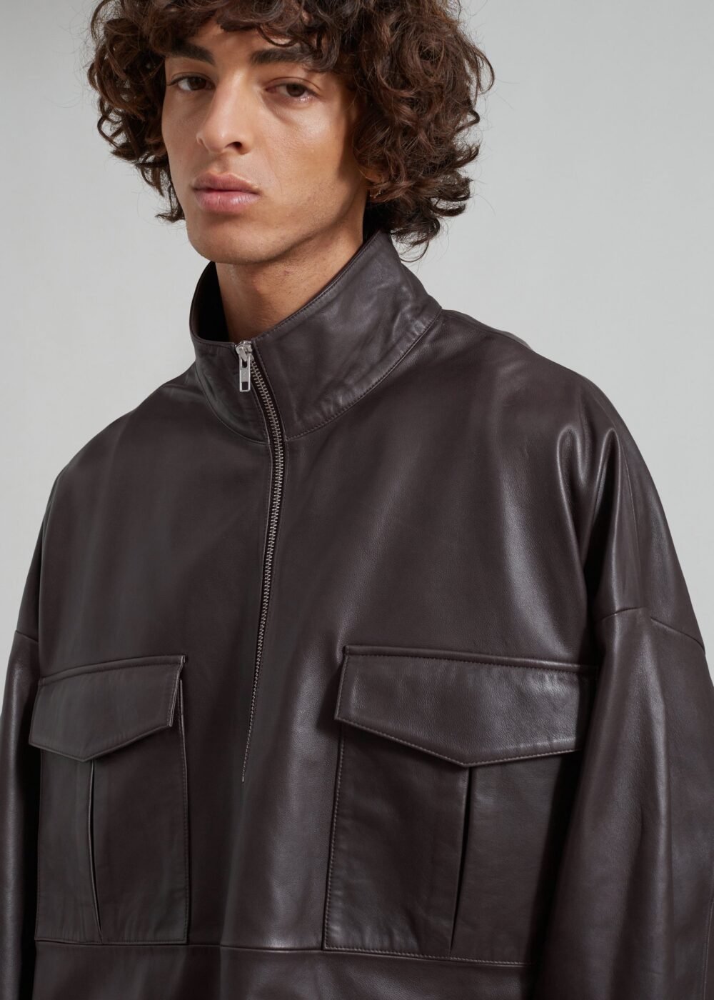 Leather Half Zip Shirt - Brown - Image 15