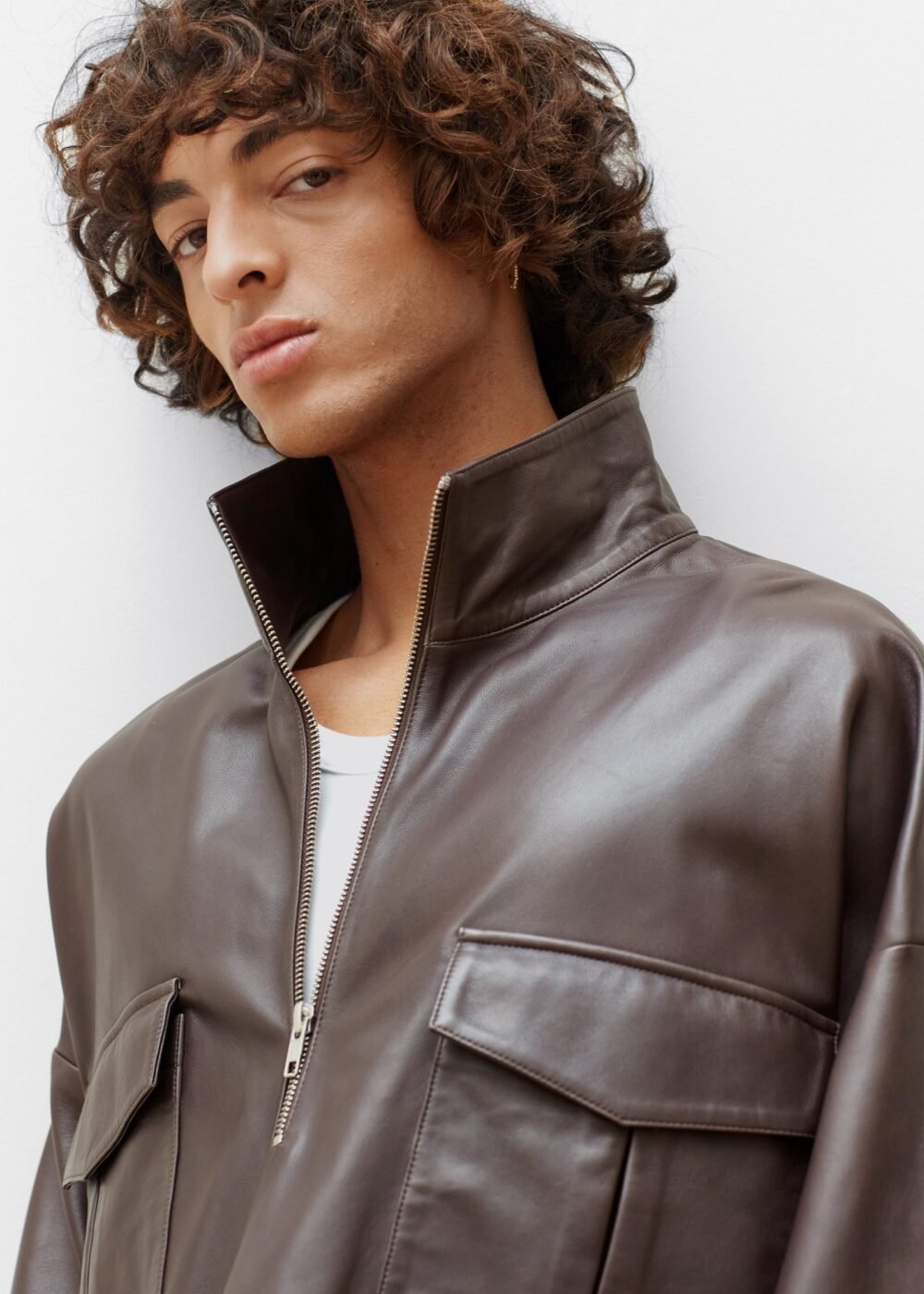 Leather Half Zip Shirt - Brown - Image 17