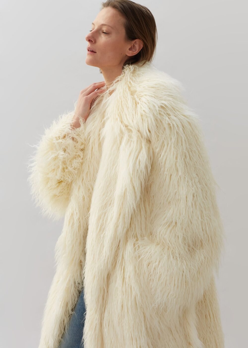 Nicole Long Faux Fur Coat - Off White - Image 3