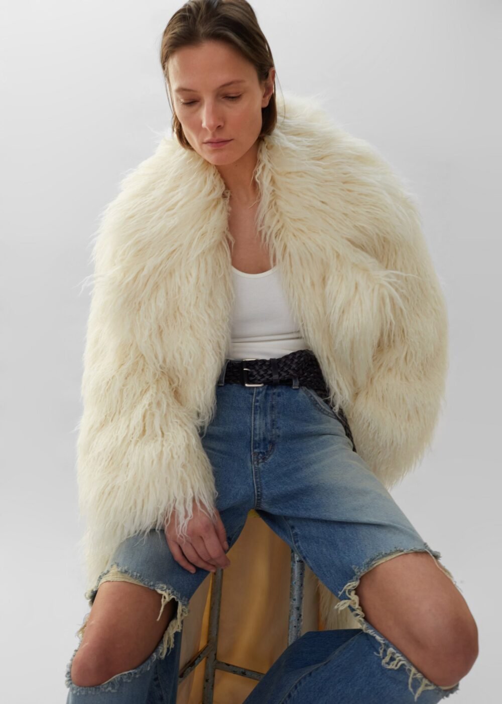 Nicole Long Faux Fur Coat - Off White - Image 7