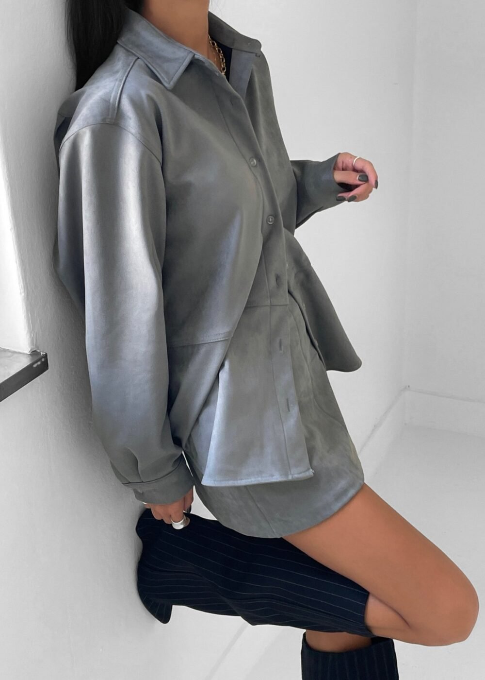 Faux Suede Shirt - Slate Grey - Image 10