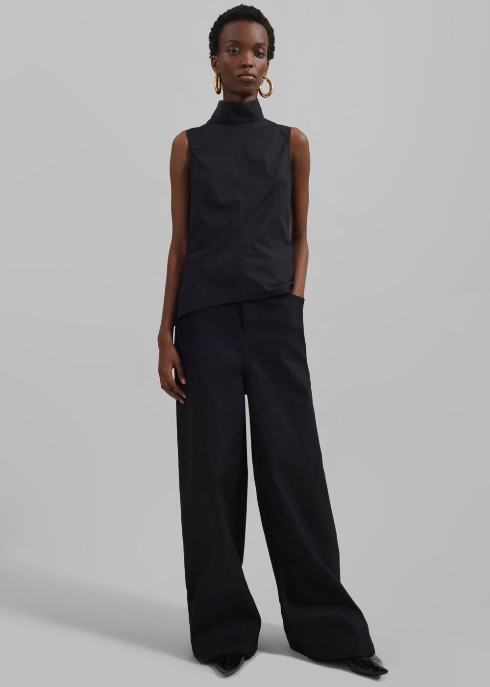 Wide Leg Twill Pants - Black - Image 5