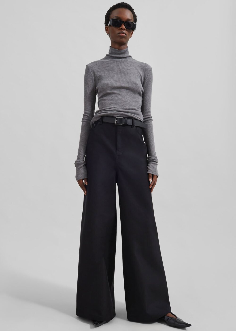 Wide Leg Twill Pants - Black - Image 2