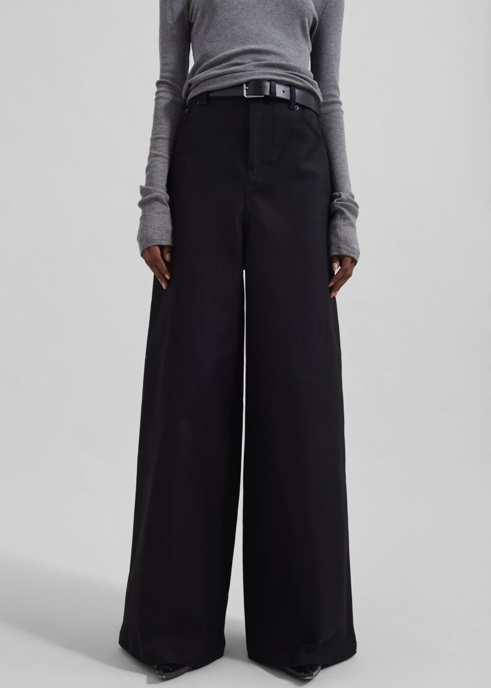 Wide Leg Twill Pants - Black - Image 3