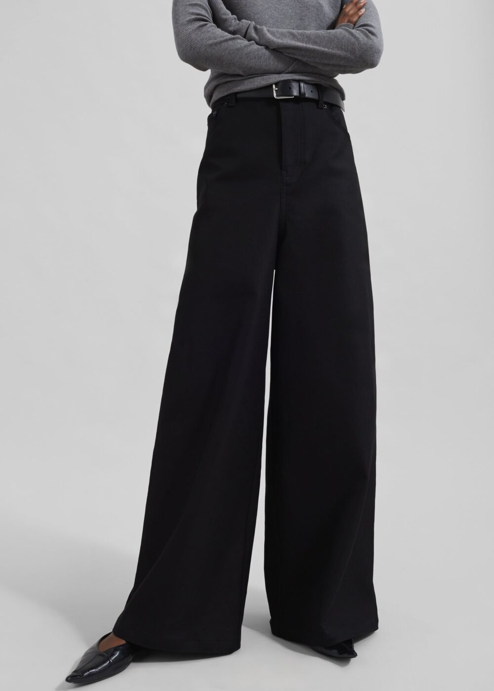 Wide Leg Twill Pants - Black