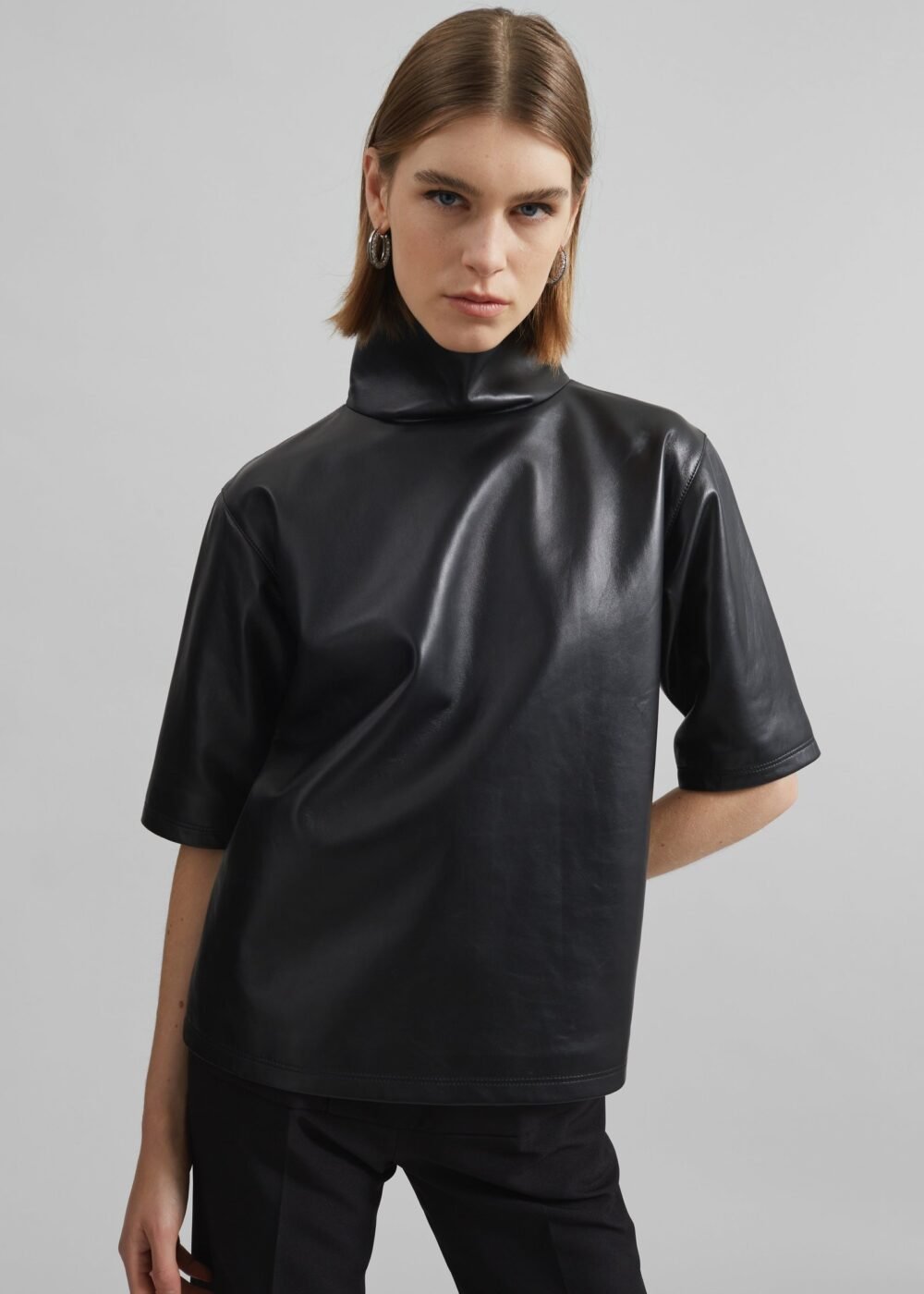 Leather Mock Neck Top - Black - Image 2