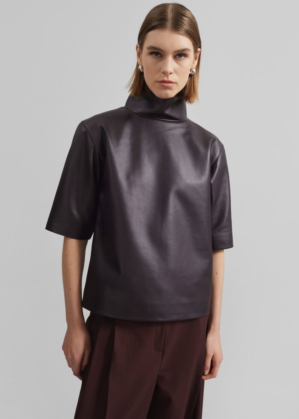 Leather Mock Neck Top - Dark Plum - Image 3