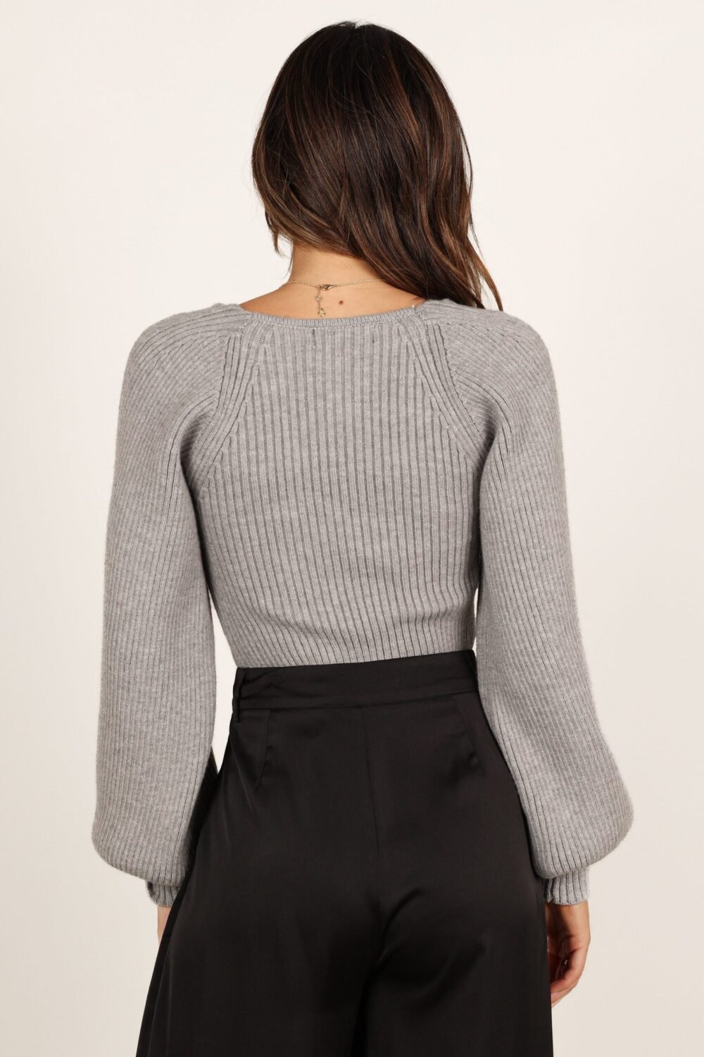 Sweetheart Neck Bell Sleeve Knit Sweater - Light Grey - Image 5