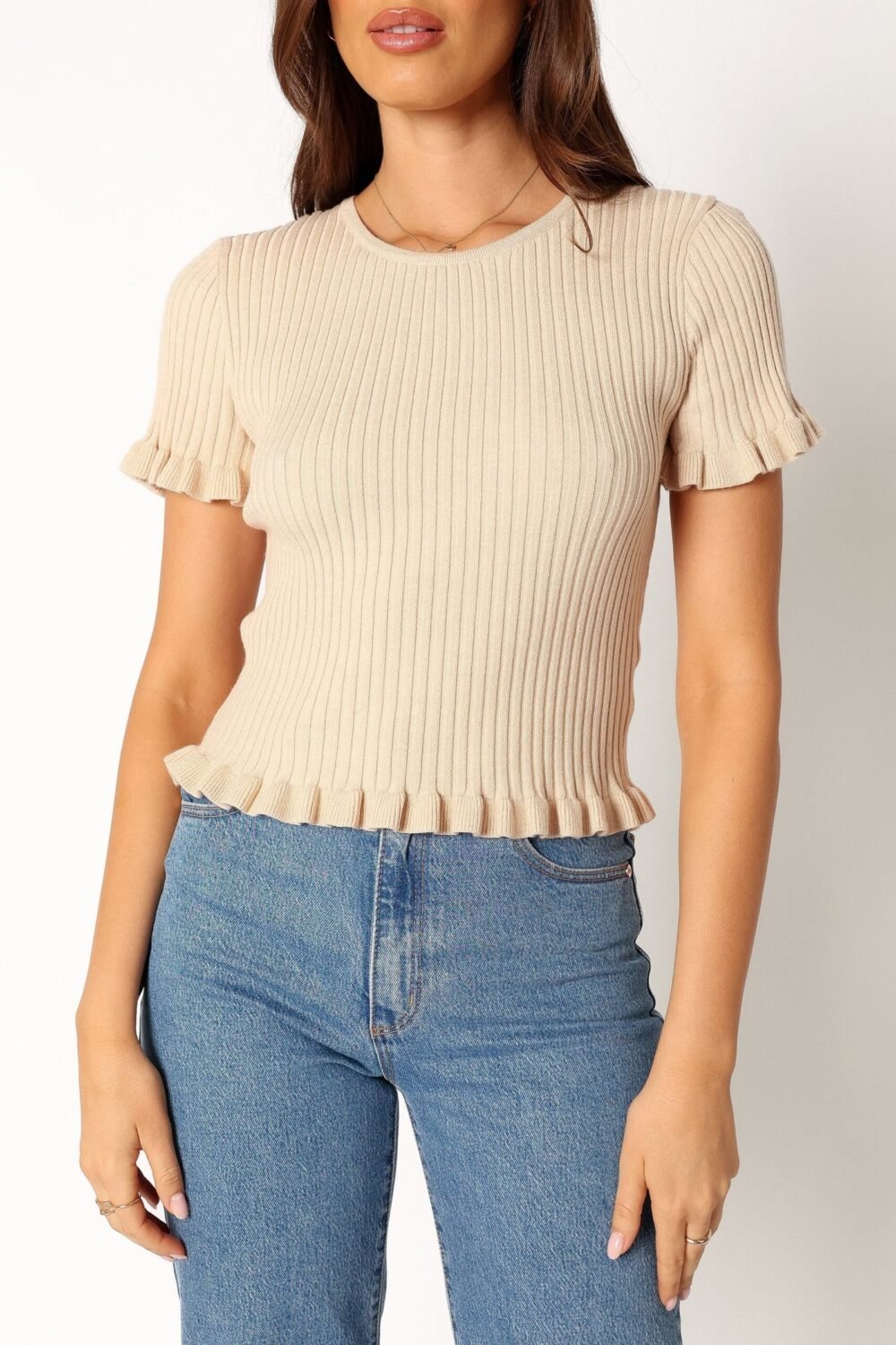 Knit Short Sleeve Top - Taupe - Image 8